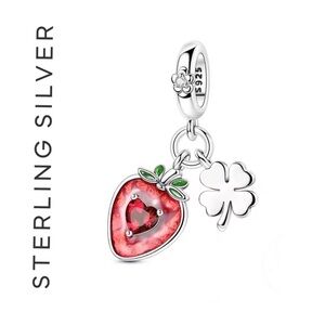 🌟 S925 Sterling Silver Piece Strawberry Four Leaf Clover Dangle Charm